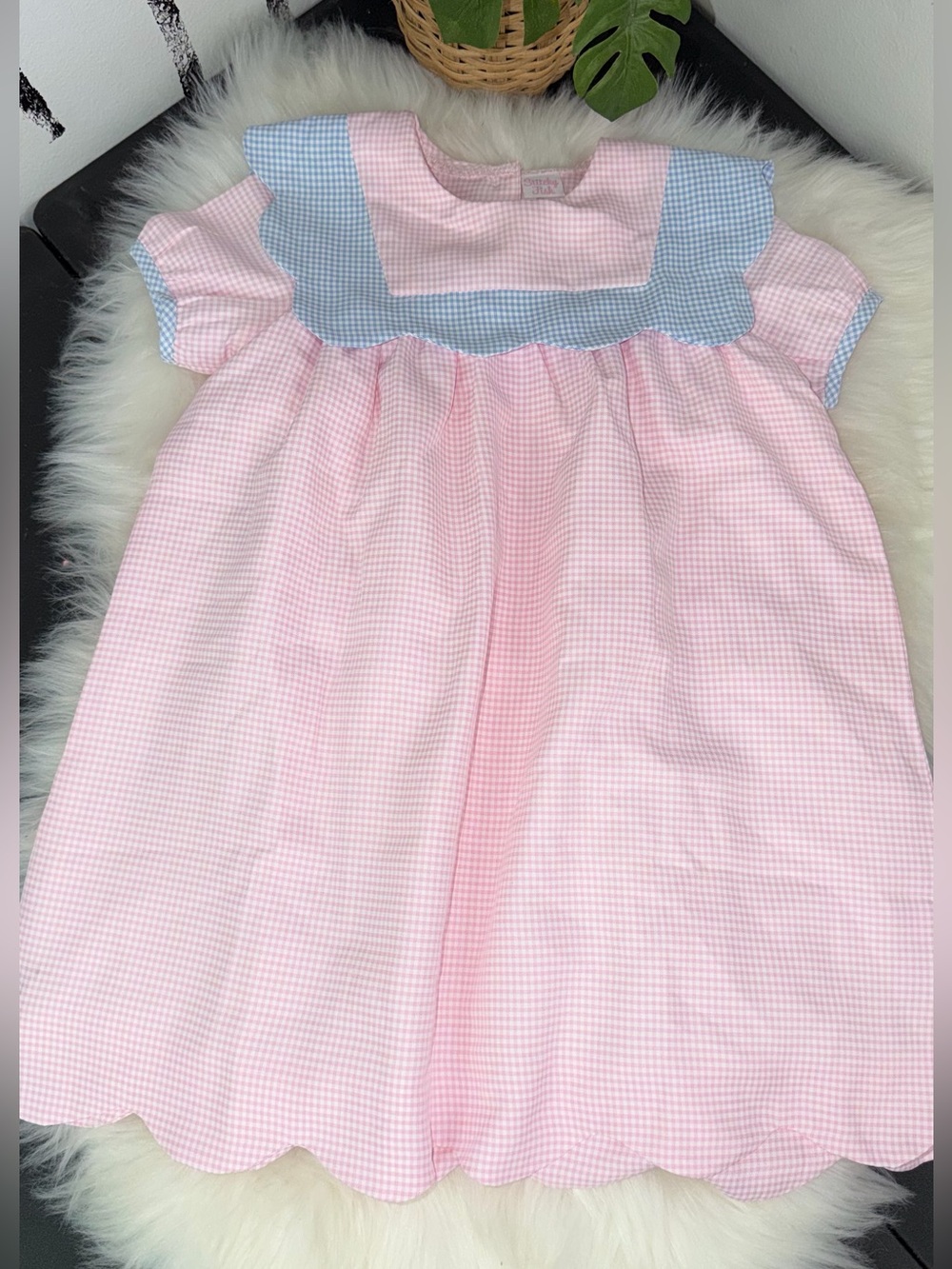 Stitchy Fish Pink Blue Gingham Petal Collared Dress Size 4T